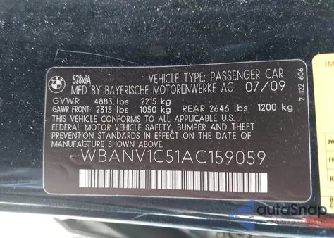 2010 BMW 528I xDrive из США, поврежденный, VIN WBANV1C51AC159059